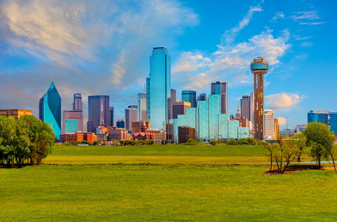 Image of The Dallas urban skyline during springtime.